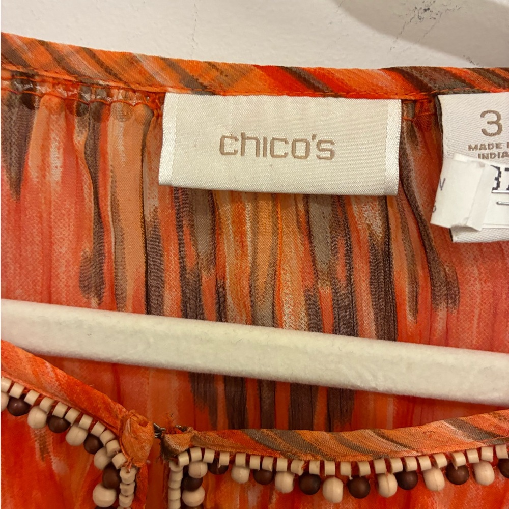 Chico's Orange, Brown & Cream Ikat Beaded-Neck Tunic - Picture 3 of 4